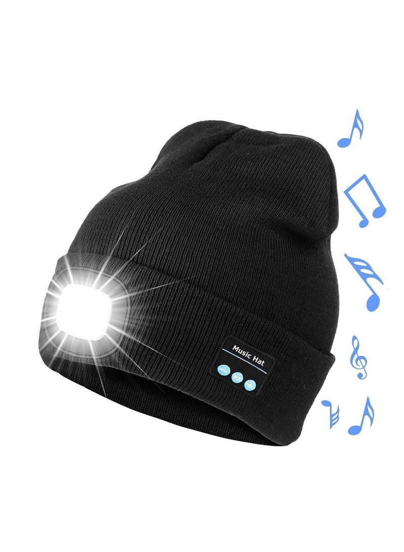 Excefore Bluetooth Beanie Hat with Light, Upgraded Musical Knitted Cap Headphone and Built-in Stereo Speakers & Mic, LED for Running Hiking, Unisex Ch ristmas Gifts Men Women Teens, Black - Image 1