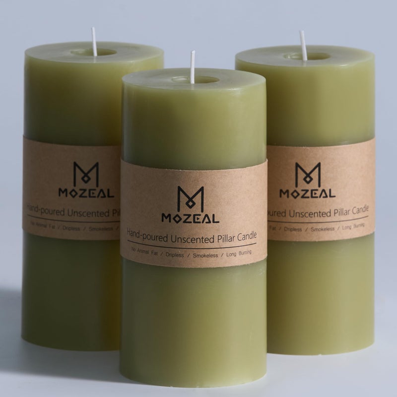 MOZEAL 3" x 6" Hand-Poured Unscented Candle, Dripless Pillar Candle Set of 3, Long Lasting Burning, Approx 120 Hours Burn Time, Rustic Country Style, for Wedding, Harvest Festival, Home Decor, Olive - Image 1