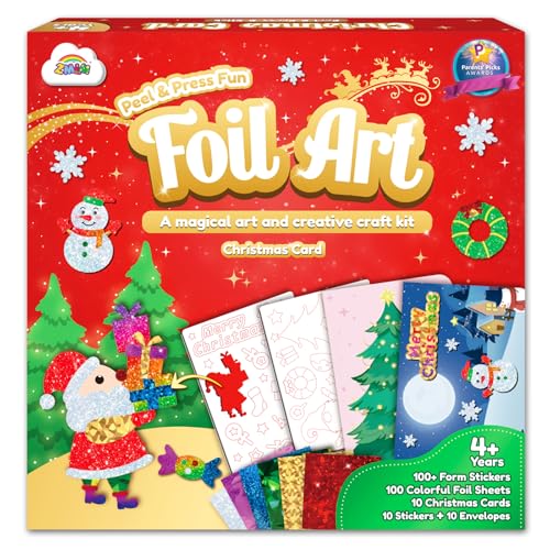 ZMLM Foil Art Kit for Kids Christmas Crafts Games for Kids Fun Christmas Cards Foil Art Crafts Mess Free Activity Kits with Envelopes and Stickers 4 5 6 7 8 9 10 11 12 Girls Boys Toys Gifts - Image 1
