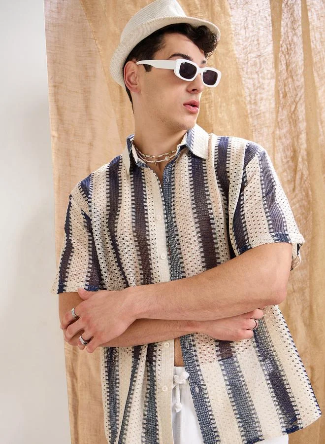 SASSAFRAS Sassafras Men Striped Crochet Relaxed Fit Shirt
