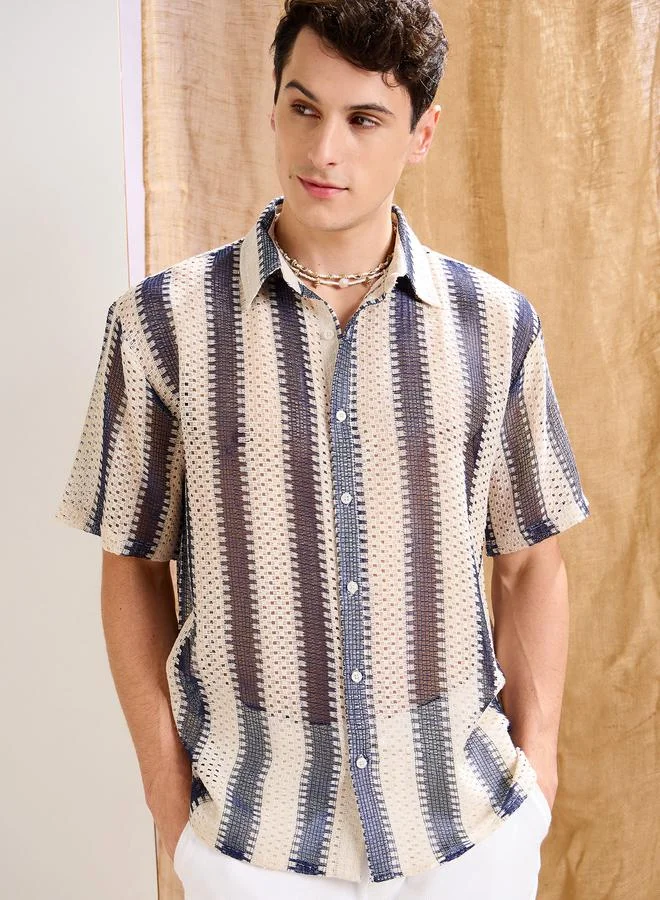 SASSAFRAS Sassafras Men Striped Crochet Relaxed Fit Shirt