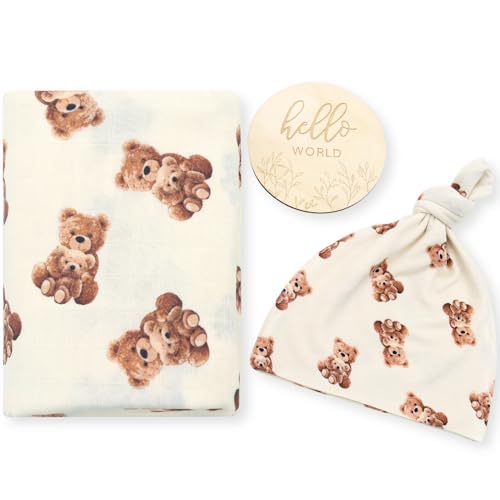 LifeTree Muslin Swaddle Blankets Muslin Baby Swaddle Blanket and Hat Set with Birth Announcement Card Newborn Unisex Receiving Blankets Bear Pattern - Image 1