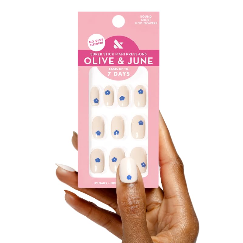 Olive & June Classic Super Stick Mani Press On Nails | No Glue Needed | 32 Tab Nails 16 Sizes | Non-Toxic Tabs Non-Damaging 7-Day Wear | Spring Flowers & Patterns | Short, Round | Mod Flowers - Image 1