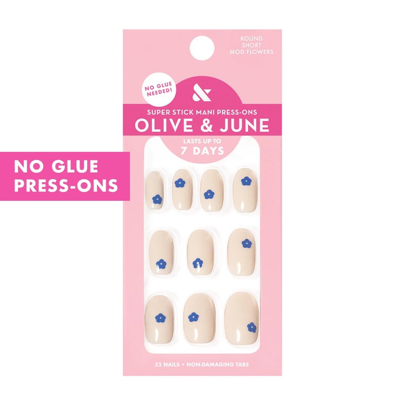 Olive & June Classic Super Stick Mani Press On Nails | No Glue Needed | 32 Tab Nails 16 Sizes | Non-Toxic Tabs Non-Damaging 7-Day Wear | Spring Flowers & Patterns | Short, Round | Mod Flowers - Image 2