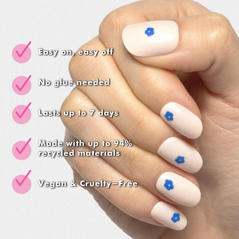 Olive & June Classic Super Stick Mani Press On Nails | No Glue Needed | 32 Tab Nails 16 Sizes | Non-Toxic Tabs Non-Damaging 7-Day Wear | Spring Flowers & Patterns | Short, Round | Mod Flowers - Image 4