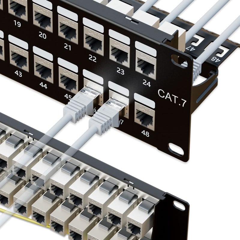 iwillink 10Gbps Cat7 Patch Panel 48 Port RJ45 Through Coupler 2U Patch Panel STP Shielded 19Inch with Back Bar Wallmount or Rackmount Compatible with Cat7 Cat6A Cat6 Cat5e Cabling