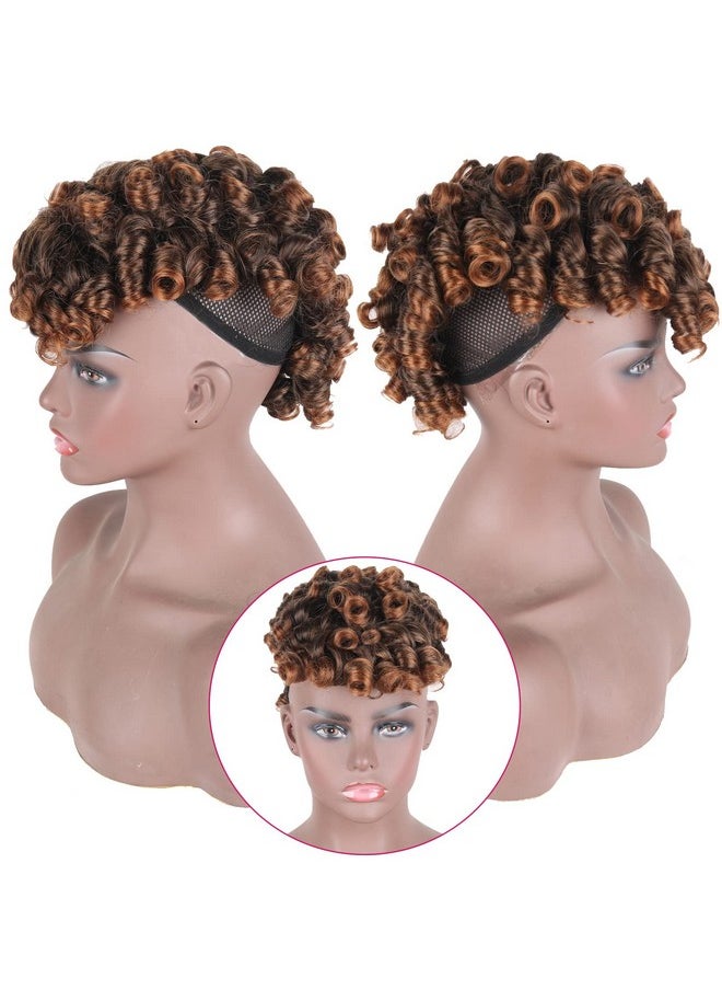 LEOSA - Eosa Curly Mohawk Ponytails For Black Women Mohawk Wig Short Afro Brown Deep Curly Mohawk Ponytail With Bangs Clip In Blonde Ponytail Hair Extension Synthetic Faux Hawk Ponytail Hair Piece(1B/30) - Image 1