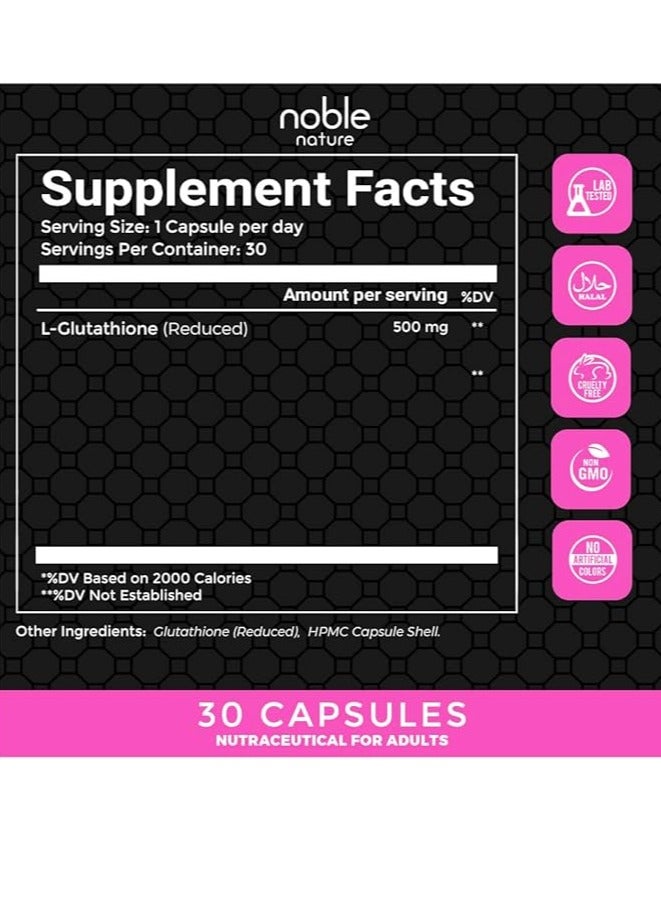 نوبل نيتشر كبسولات الجلوتاثيون من نوبل نيتشر 500 ملغ - قوة إضافية بصيغة مخفضة - 30 كبسولة نباتية - Image 2