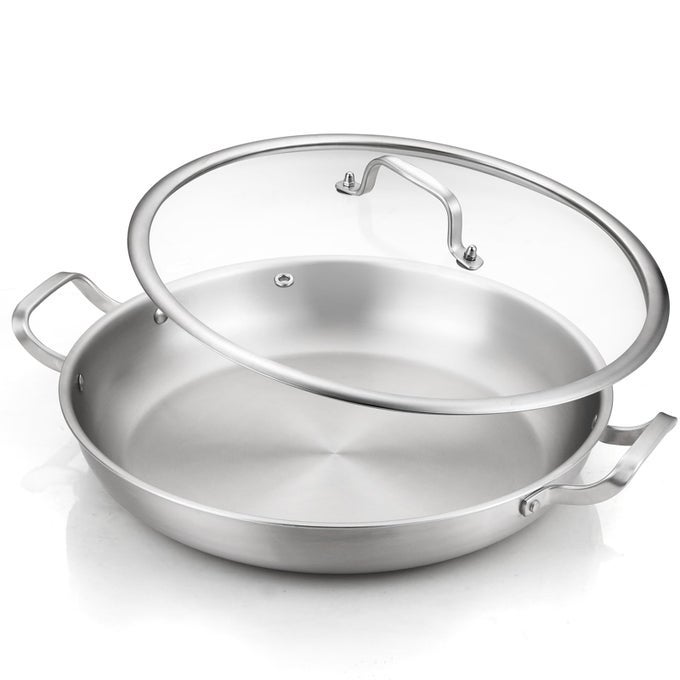 13 INCH TRIPLY STAINLESS STEEL PAELLA PAN WITH LID BIG FRYING PAN KITCHEN INDUCTION LARGE SKILLETSGREAT FOR PAELLA PARTIES INDOORS OUTDOORSHEAVY DUTY STYLE