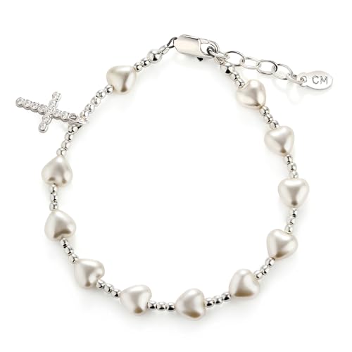 Precious Pieces 925 Sterling Silver Rosary Bracelet First Communion Gift for Girls with Cross and Simulated Pearl Hearts (6-6.5 inch) - Image 1
