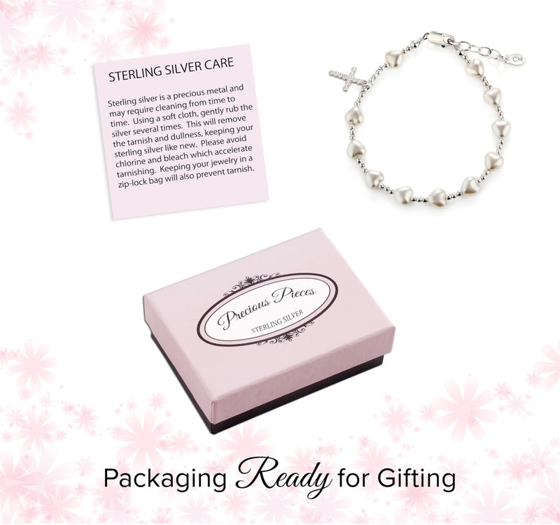 Precious Pieces 925 Sterling Silver Rosary Bracelet First Communion Gift for Girls with Cross and Simulated Pearl Hearts (6-6.5 inch) - Image 4