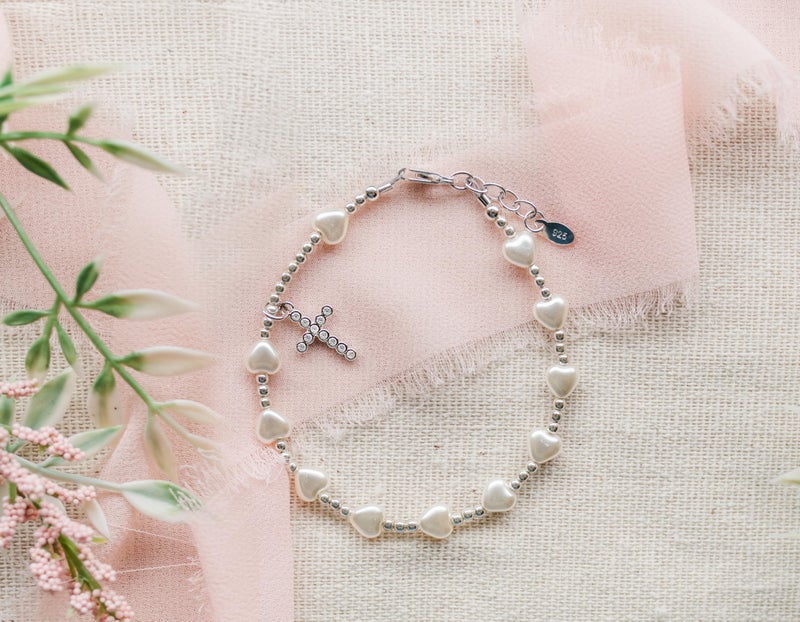 Precious Pieces 925 Sterling Silver Rosary Bracelet First Communion Gift for Girls with Cross and Simulated Pearl Hearts (6-6.5 inch) - Image 3