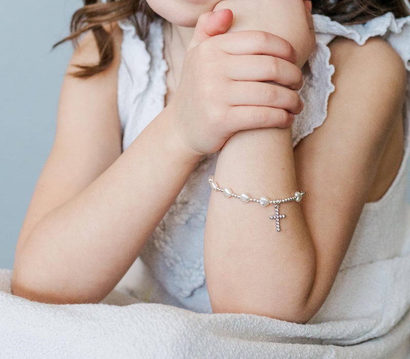 Precious Pieces 925 Sterling Silver Rosary Bracelet First Communion Gift for Girls with Cross and Simulated Pearl Hearts (6-6.5 inch) - Image 2