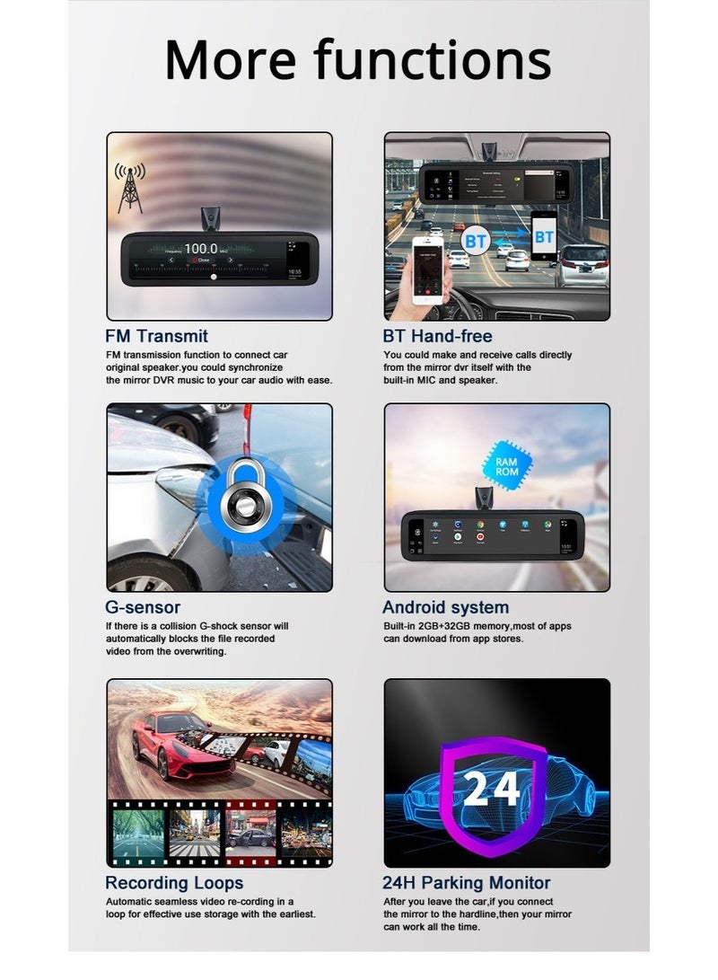 4 Cameras 4G Android 10.0 Car DashCam Video Recorder 12" Full Touch DVR Panoramic RearView 4CHs WiFi ADAS GPS Navigation - Image 3