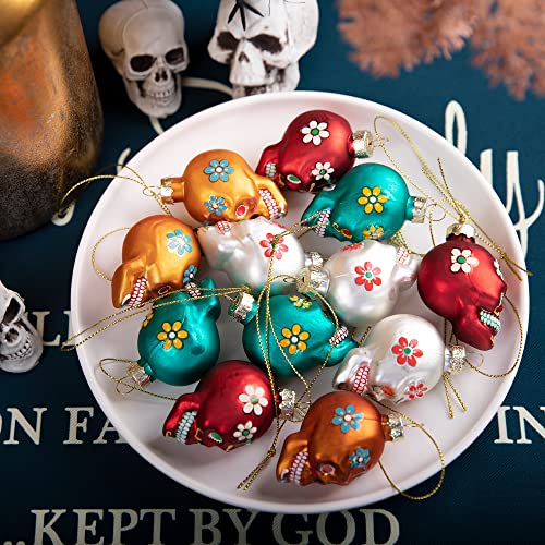 LFUTARI 12pcs Day of The Dead Glass Ornaments - Dia De Los Muertos Sugar Skull Ornaments - Halloween Hanging Skeleton Head Ornament for Christmas Tree Hanging Decorations - Image 5