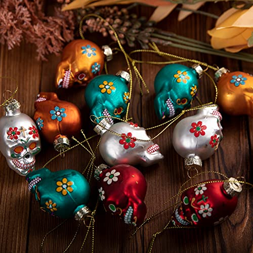 LFUTARI 12pcs Day of The Dead Glass Ornaments - Dia De Los Muertos Sugar Skull Ornaments - Halloween Hanging Skeleton Head Ornament for Christmas Tree Hanging Decorations - Image 4