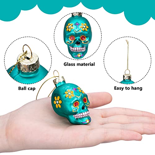 LFUTARI 12pcs Day of The Dead Glass Ornaments - Dia De Los Muertos Sugar Skull Ornaments - Halloween Hanging Skeleton Head Ornament for Christmas Tree Hanging Decorations - Image 3