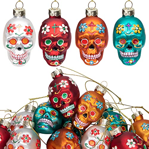 LFUTARI 12pcs Day of The Dead Glass Ornaments - Dia De Los Muertos Sugar Skull Ornaments - Halloween Hanging Skeleton Head Ornament for Christmas Tree Hanging Decorations - Image 1