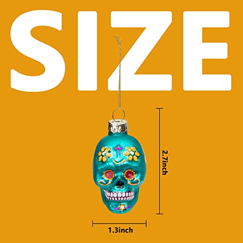 LFUTARI 12pcs Day of The Dead Glass Ornaments - Dia De Los Muertos Sugar Skull Ornaments - Halloween Hanging Skeleton Head Ornament for Christmas Tree Hanging Decorations - Image 2