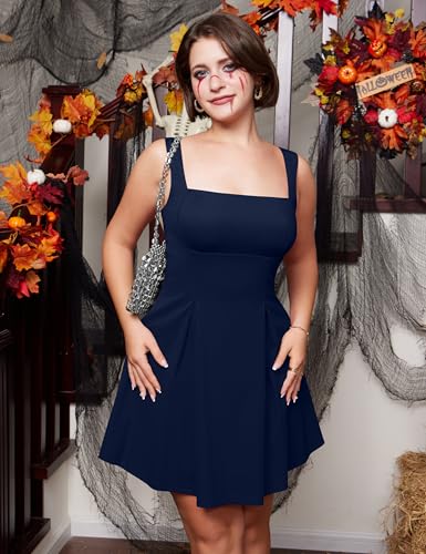 YMDUCH Women's Sexy Sleeveless Square Neck Adjustable Straps Bow Tie A-line Mini Party Club Dress Navy X-Large - Image 3