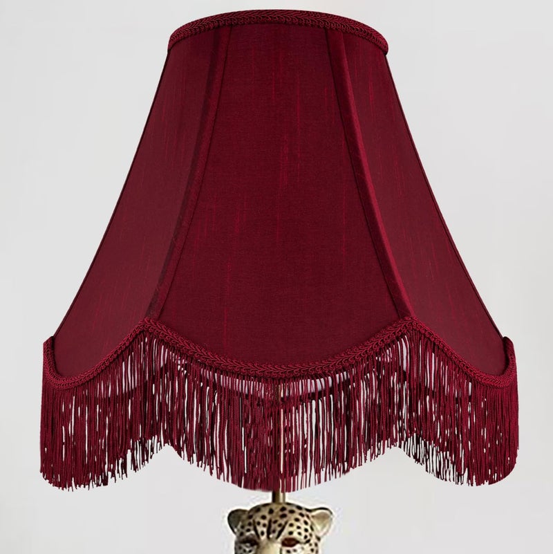 GO&SO Burgundy Silk Scalloped Lamp Shade,Petal Edge Braid with Burgundy Fringe Trim,6"x13"x10.6"(Spider), Victorian Bell Lamp Shades Hand Crafted,Replacement Shades for Table,Floor Lamps,Easy Assembly - Image 1