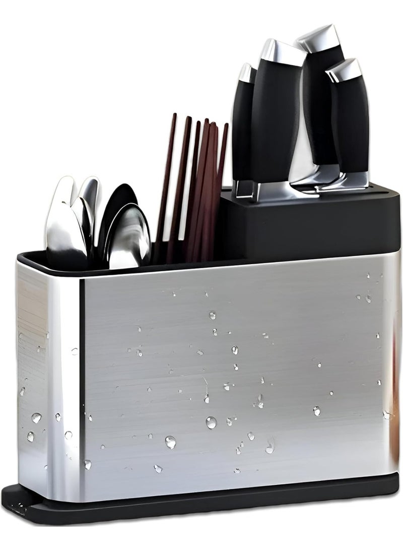 حامل أدوات مطبخ ستانلس ستيل مع تجفيف وتصريف للمياه – منظم سكاكين وملاعق وشوك - Image 1