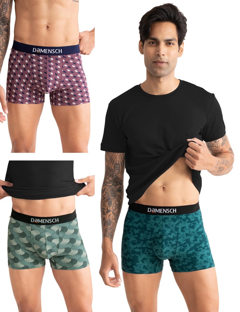 DAMENSCH Deo-Cotton Printed Underwear for Men Combo Breathable Inner, Cotton Trunks for Man Pack No-Marks Waistband, Moisture Wicking Underwear Pack of 3-Aquifer, Tulipwood, Colonial Blue-S - Image 1
