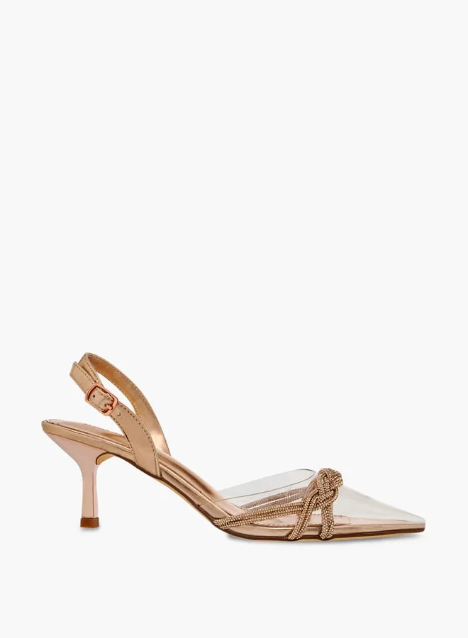 Women Studded Pointed Toe Shoes with Buckle Closure and Kitten Heels