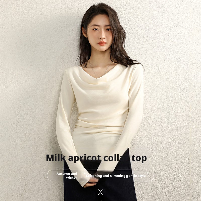 Women's T-Shirt with Draped Neck, Cream Beige - Image 1