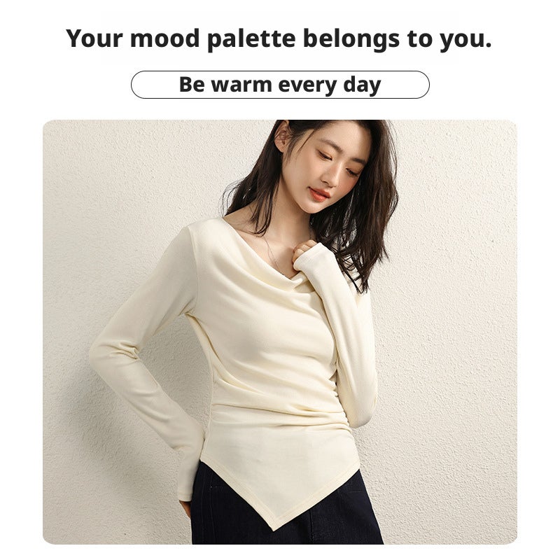 Women's T-Shirt with Draped Neck, Cream Beige - Image 2