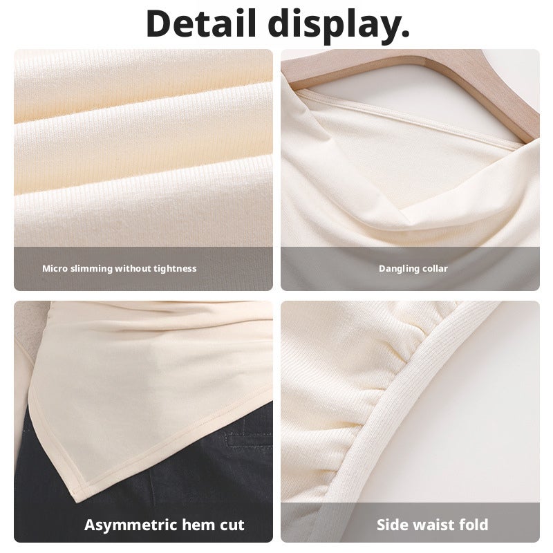 Women's T-Shirt with Draped Neck, Cream Beige - Image 4