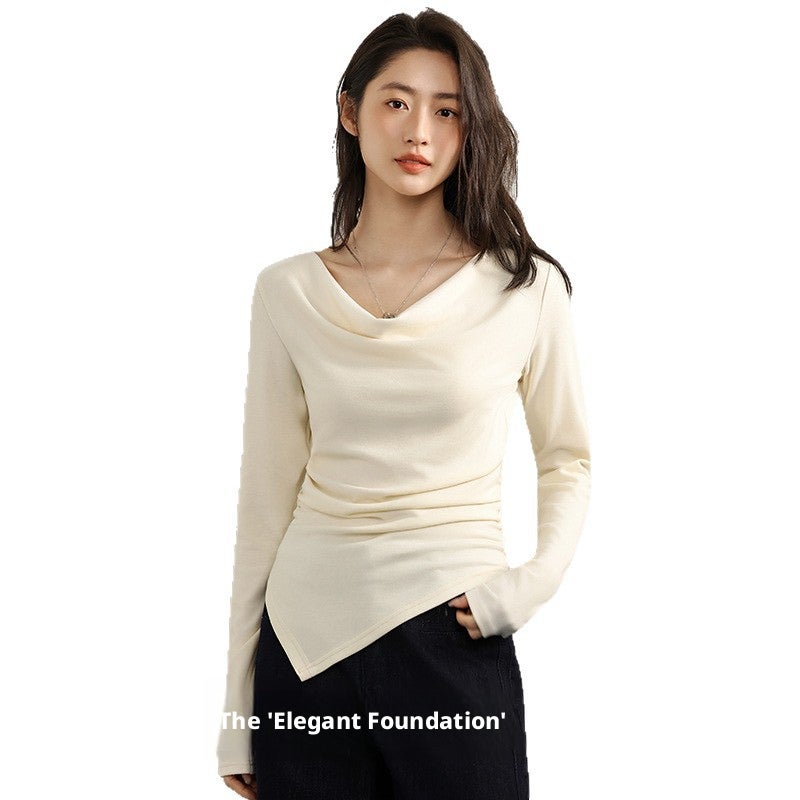 Women's T-Shirt with Draped Neck, Cream Beige - Image 5