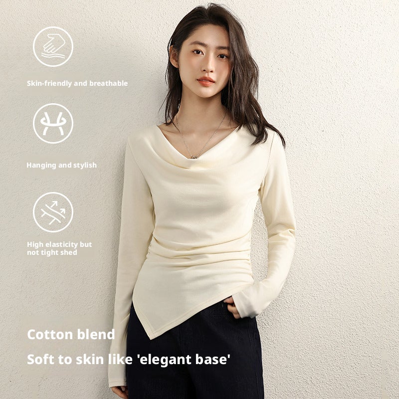 Women's T-Shirt with Draped Neck, Cream Beige - Image 3