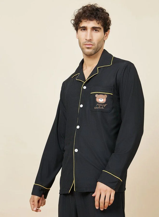 Styli Piped Detail Teddy Print Shirt and Pajama Sets