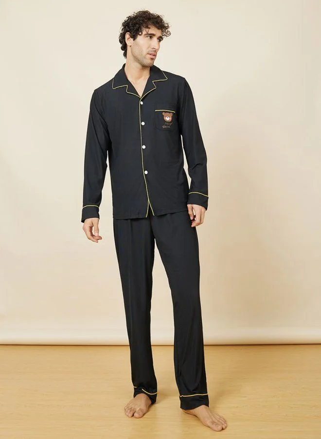 Styli Piped Detail Teddy Print Shirt and Pajama Sets
