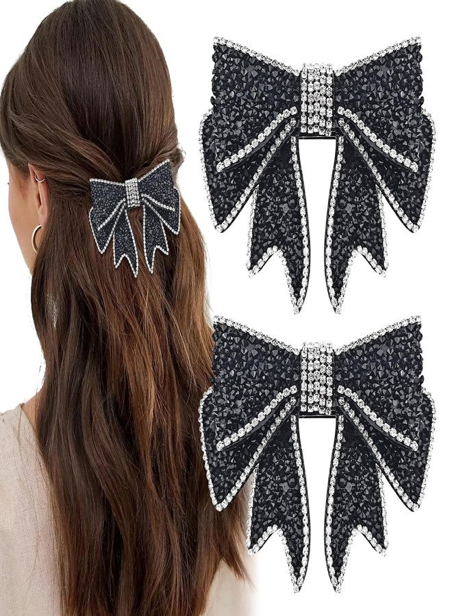 Arvintas 2 PACK Black Rhinestone Bow Hair Clips French Design Barrettes Sparkly Bow-knot Hair Accessories for Women Girls Halloween Party - Image 1