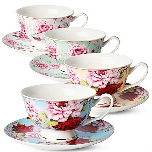 BTaT Floral Tea Cups and Saucers Set of 4 7 oz Porcelain Tea Cup Sets Assorted Colors with Gold Trim  Gift Box Dishwasher  Freezer Safe