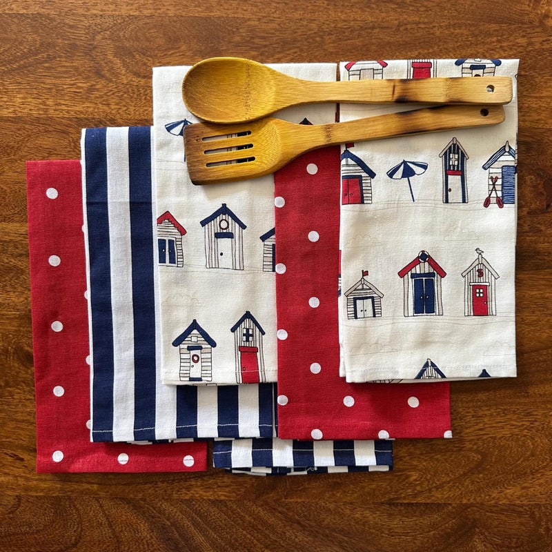 Oak & Lily set of 6 Kitchen Towels | Red & White Polka, Red & Blue House and Navy Blue Stripes Prints |Washable Large Size Kitchen Napkins (40x60cm)| 100% Cotton | for Kitchen Cleaning, Drying, Wiping - Image 1