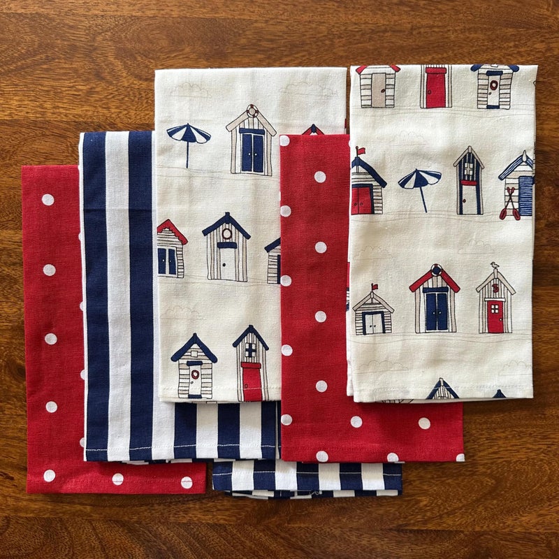 Oak & Lily set of 6 Kitchen Towels | Red & White Polka, Red & Blue House and Navy Blue Stripes Prints |Washable Large Size Kitchen Napkins (40x60cm)| 100% Cotton | for Kitchen Cleaning, Drying, Wiping - Image 2