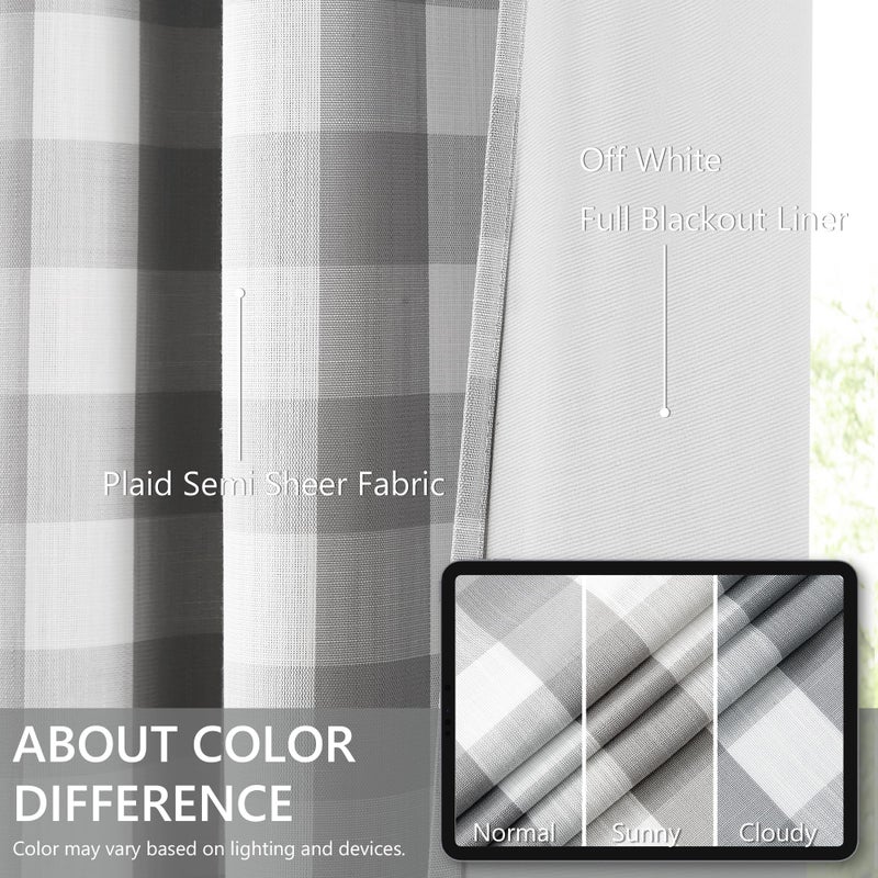 Amzdecor Buffalo Check Plaid Full Blackout Window Curtains 84 Inches Long for Bedroom Noise Reducing Total Room Darkening Grommet Drapes,Vintage Farmhouse Window Treatment,2 Panels,52"x84",Gray White - Image 4
