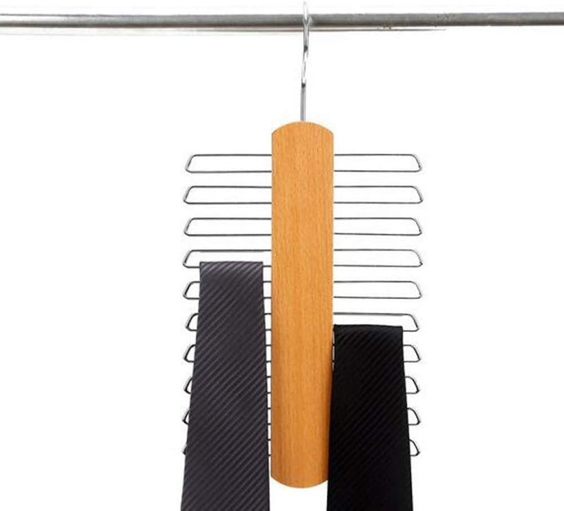 AUGEN Wooden Tie Rack Holder for Men | Premium Multi-Purpose Hanger with 20 Anti-Slip Hooks | Belt, Necktie, Scarf Organizer | 360° Swivel Rotating Closet Storage Hanger (Dark Wood Finish) - Image 2