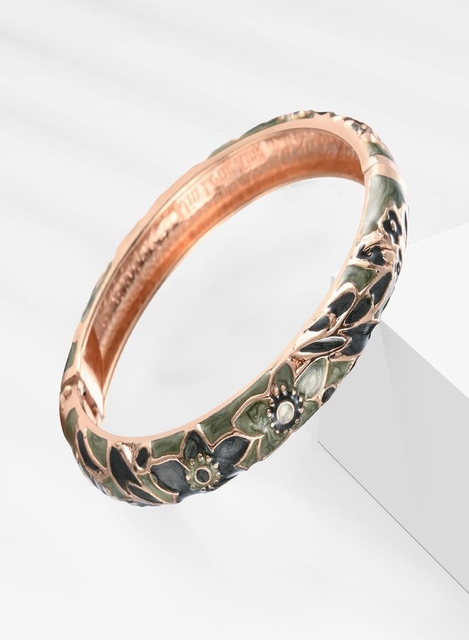 UJOY Handcraft Bangle Enameled Floral Colorful Cloisonne Jewelry Spring Hinged Cuff Bracelets Gifts for Holiday Birthday 55A101 Green - Image 2