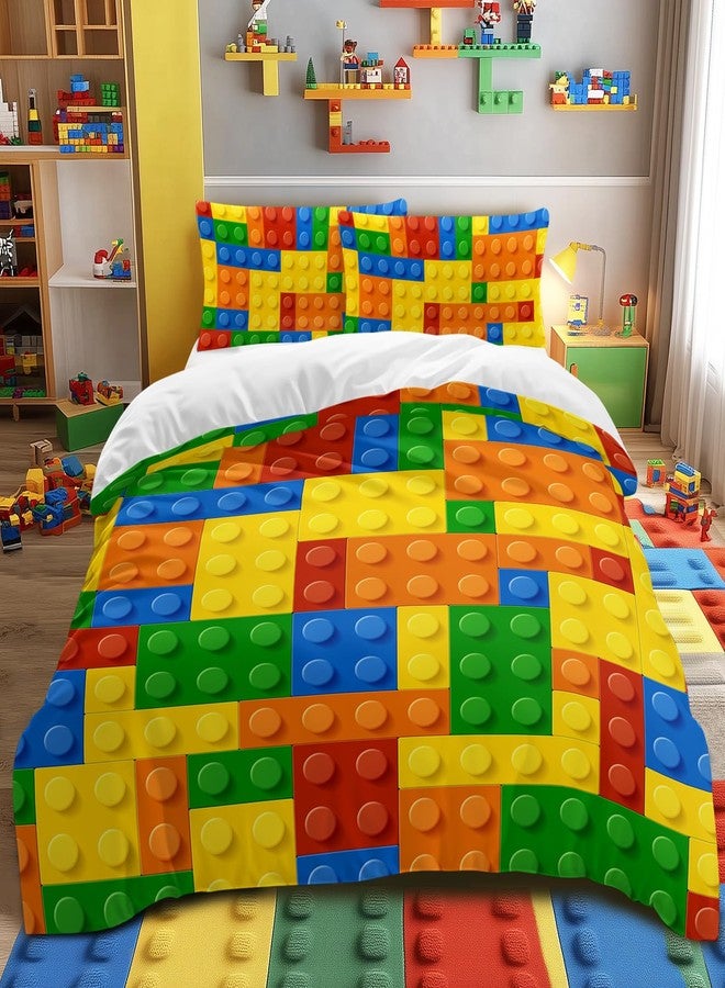 BlessLiving Twin Duvet Cover Set - Soft Colorful Building Blocks Bedding Set, Fun Geometric Brick Pattern Comforter Cover, Yellow Orange & Green - Gaming Bedspread with 2 Pillowcases for Teens & Boys - Image 1