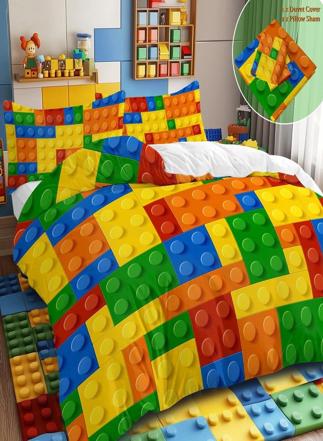 BlessLiving Twin Duvet Cover Set - Soft Colorful Building Blocks Bedding Set, Fun Geometric Brick Pattern Comforter Cover, Yellow Orange & Green - Gaming Bedspread with 2 Pillowcases for Teens & Boys - Image 2