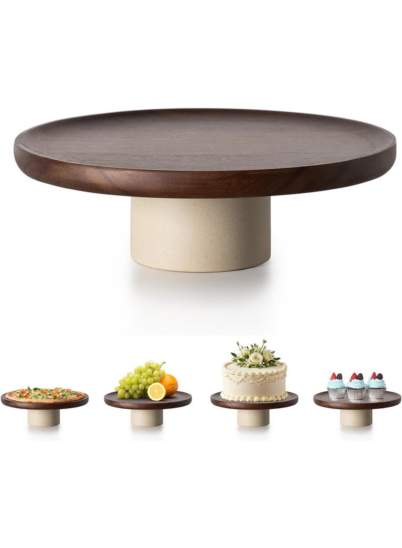 Rustic Acacia Wood Cake Stand with Natural Clay Pedestal, 8.5 Inch, for Wedding Dessert Display & Farmhouse Decor