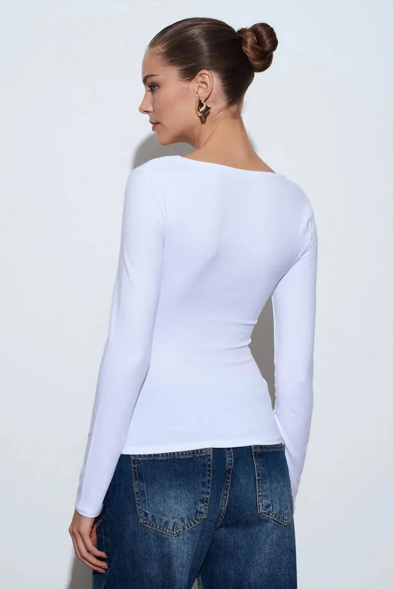 Dilvin White DILVIN Slim Fit V-Neck Knit Blouse for Women | Best Price UAE