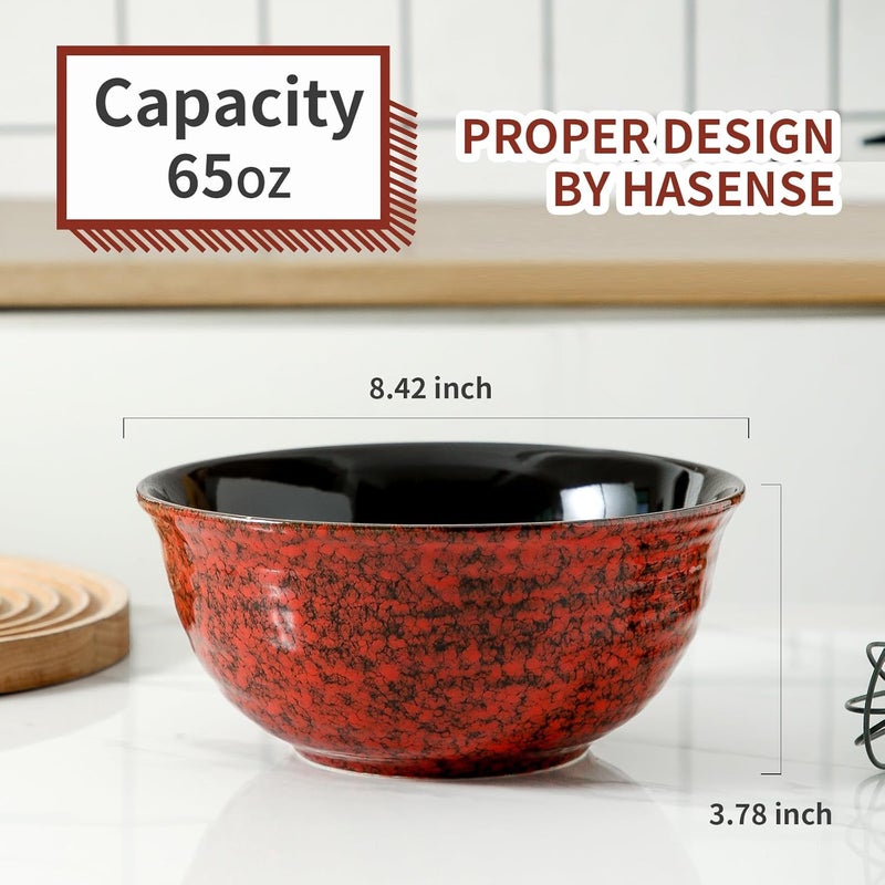 Hasense وعاء سلطة سيراميك هاسينس 60 أونصة - مجموعة من 2 وعاء شوربة بحجم 85 بوصة لباستا الرامن والفواكه - هدايا زفاف واحتفالات منزلية - آمن للاستخدام في الميكروويف وغسالة الصحون - أحمر - Image 3