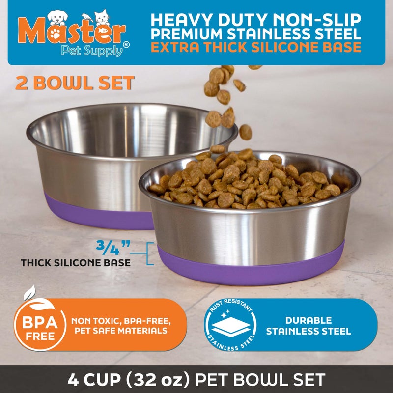 Master Pet Supply Stainless Steel Dog Bowls Set of 2 with Extra Thick Silicone Base - 4 Cup (32 oz) Plum Crazy, Non-Slip, Dishwasher Safe Metal Bowls, Pet Dog Food Bowl for Dogs, Cats, Anti Rust - Image 2
