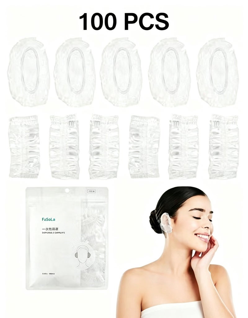 100 Pack Clear Disposable Ear Protectors, Waterproof Plastic Ear Cover for Bathing and Hair Dye, Spa and Salon Accessories (One Size) - Image 1