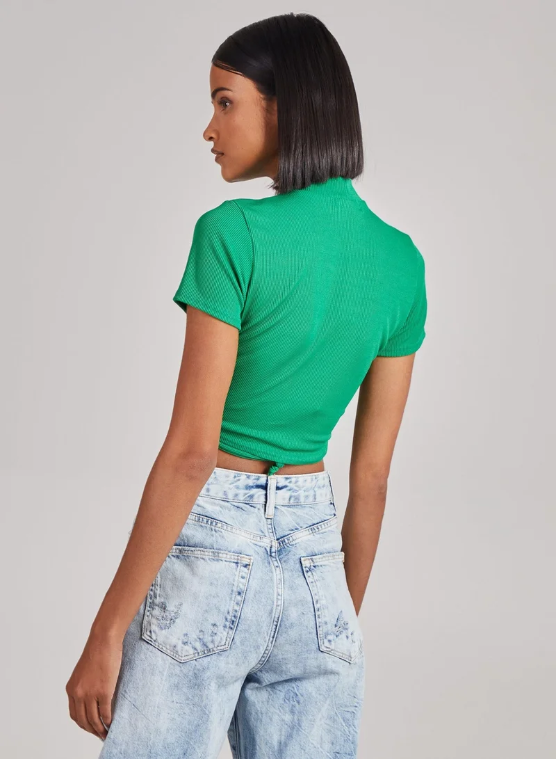 Pink Vanilla Short Sleeve Gathered Keyhole Ribbed Top